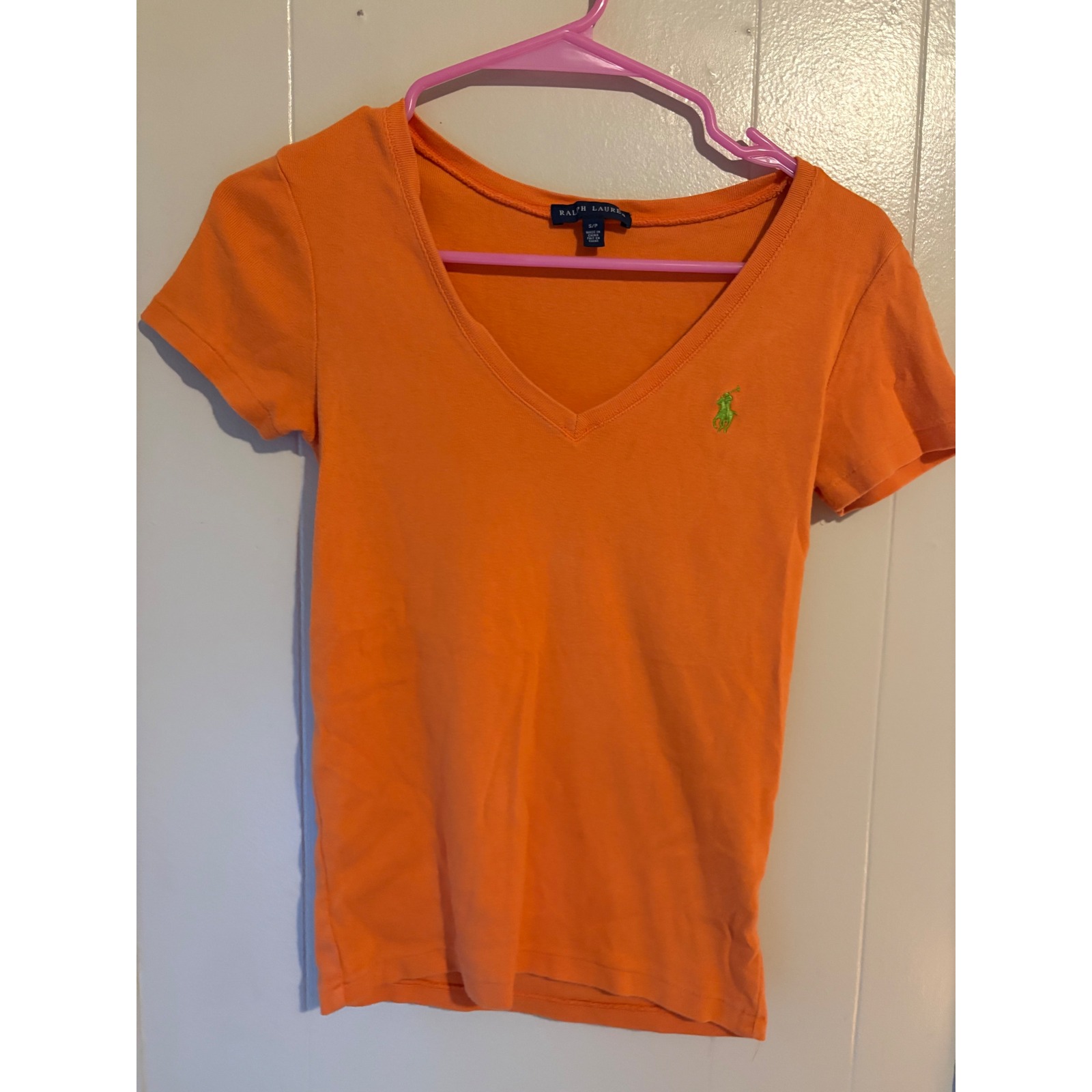 Ralph Lauren Womens Orange V-Neck Short Sleeve Pony Logo Tee Shirt Size S Small